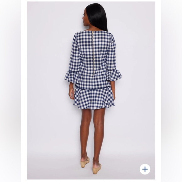 SAIL to SABLE NAVY GINGHAM LONG SLEEVE RUFFLE HEM DRESS SIZE M - Picture 3 of 10